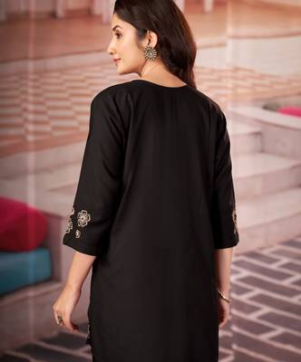 Black floral embroidered rayon co-ord set for women 2