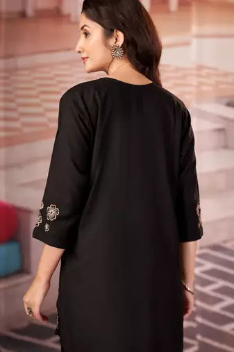 Black floral embroidered rayon co-ord set for women