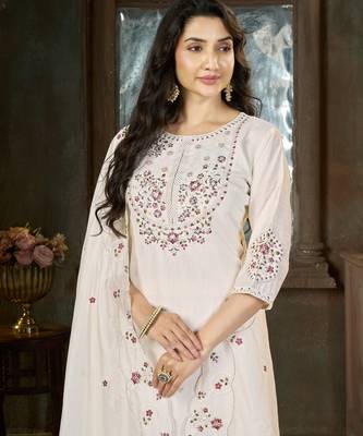 White floral embroidered silk kurti pent dupatta set for women 3
