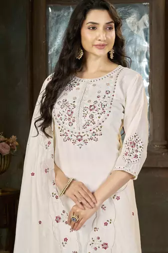 White floral embroidered silk kurti pent dupatta set for women