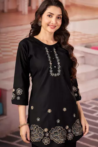 Black floral embroidered rayon co-ord set for women