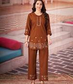 Brown floral embroidered rayon co-ord set for women