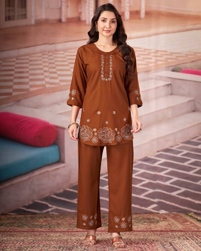 Brown floral embroidered rayon co-ord set for women