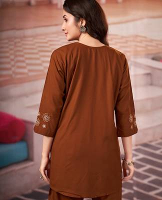 Brown floral embroidered rayon co-ord set for women 2