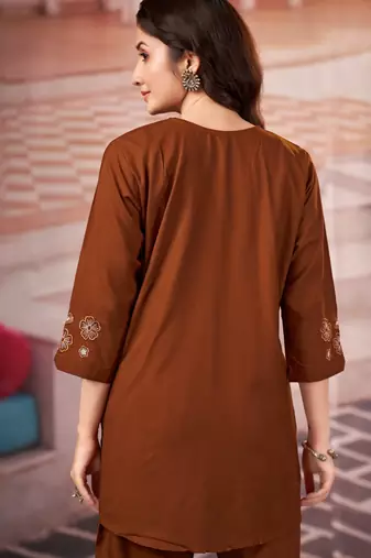 Brown floral embroidered rayon co-ord set for women