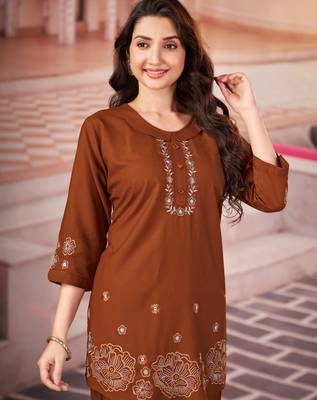 Brown floral embroidered rayon co-ord set for women 3