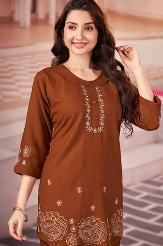Brown floral embroidered rayon co-ord set for women