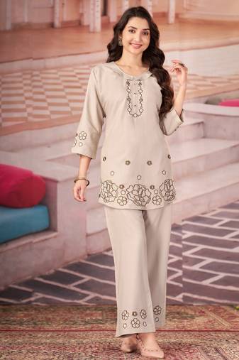 Cream floral embroidered rayon co-ord set for women