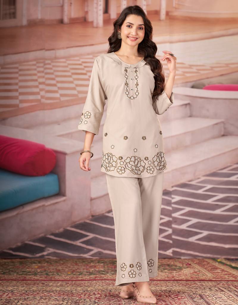 Cream floral embroidered rayon co-ord set for women