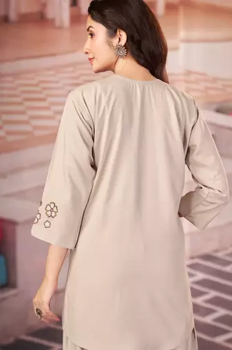 Cream floral embroidered rayon co-ord set for women