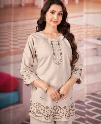 Cream floral embroidered rayon co-ord set for women 3