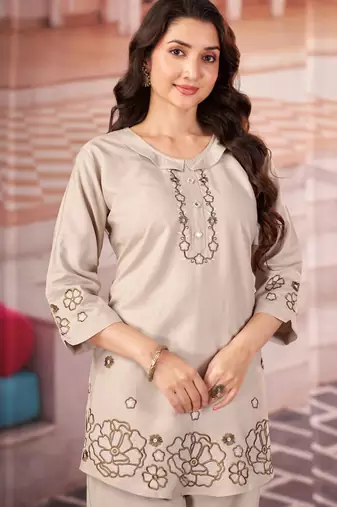 Cream floral embroidered rayon co-ord set for women