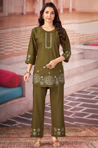 Dark green floral embroidered rayon co-ord set for women