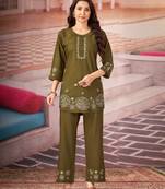 Dark green floral embroidered rayon co-ord set for women