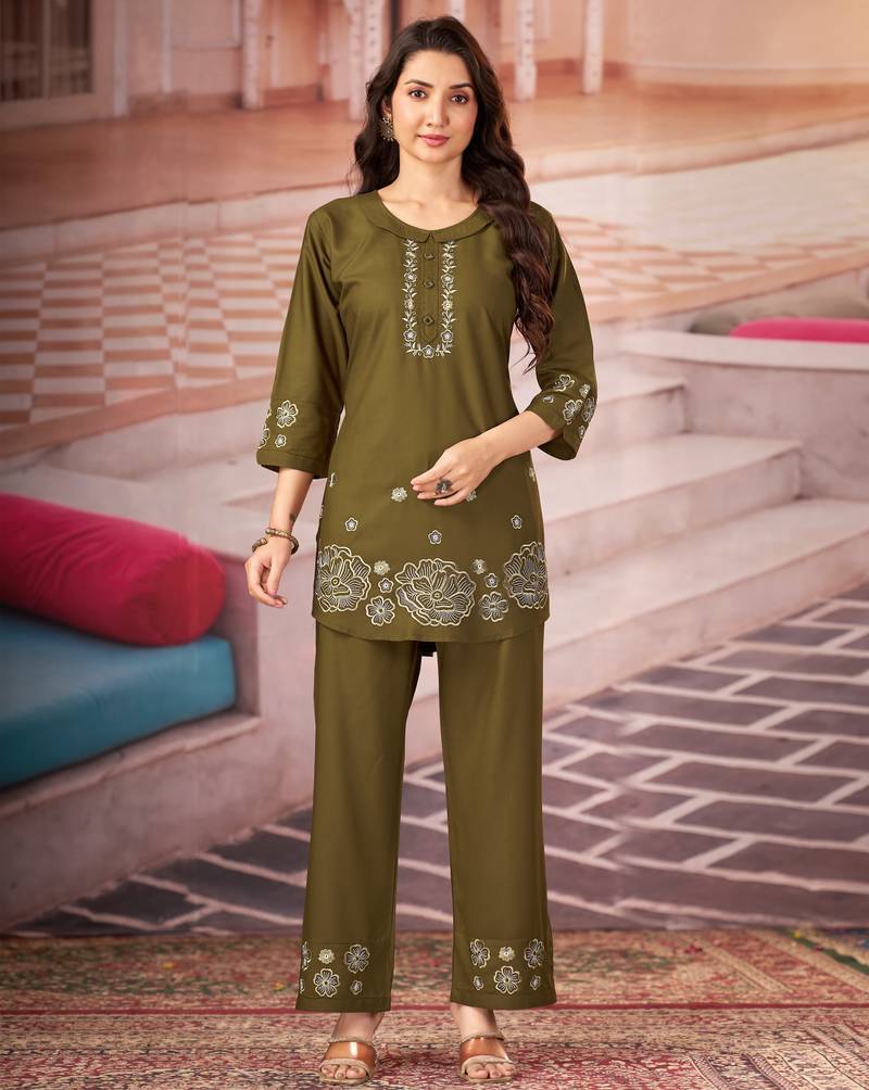 Dark green floral embroidered rayon co-ord set for women