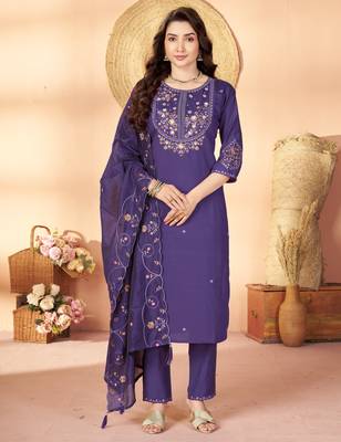 Violet floral embroidered silk kurti pent dupatta set for women 1
