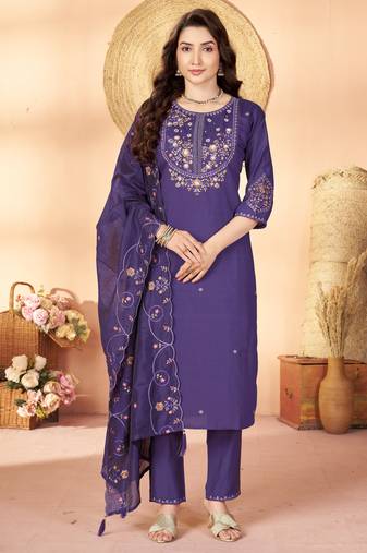Violet floral embroidered silk kurti pent dupatta set for women