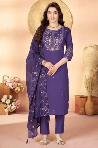 Violet floral embroidered silk kurti pent dupatta set for women