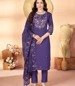 Violet floral embroidered silk kurti pent dupatta set for women