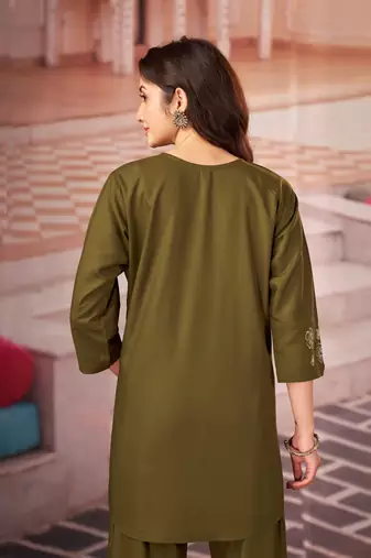 Dark green floral embroidered rayon co-ord set for women