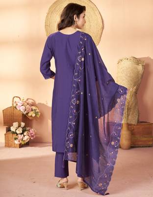 Violet floral embroidered silk kurti pent dupatta set for women 2