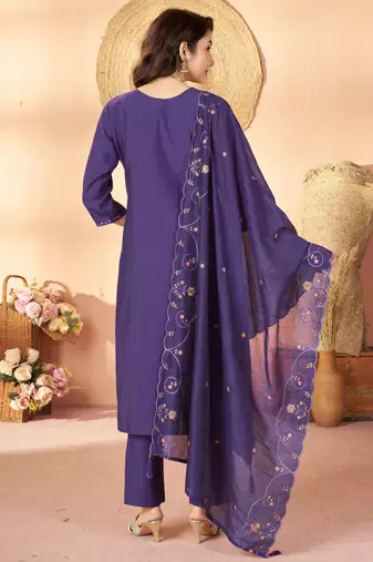 Violet floral embroidered silk kurti pent dupatta set for women