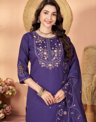 Violet floral embroidered silk kurti pent dupatta set for women 3