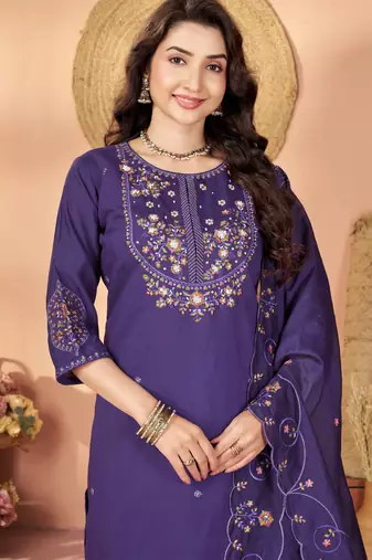 Violet floral embroidered silk kurti pent dupatta set for women