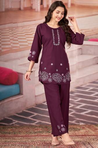 Wine floral embroidered rayon co-ord set for women