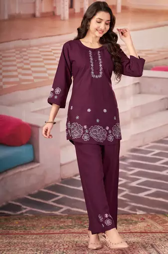 Wine floral embroidered rayon co-ord set for women