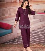 Wine floral embroidered rayon co-ord set for women
