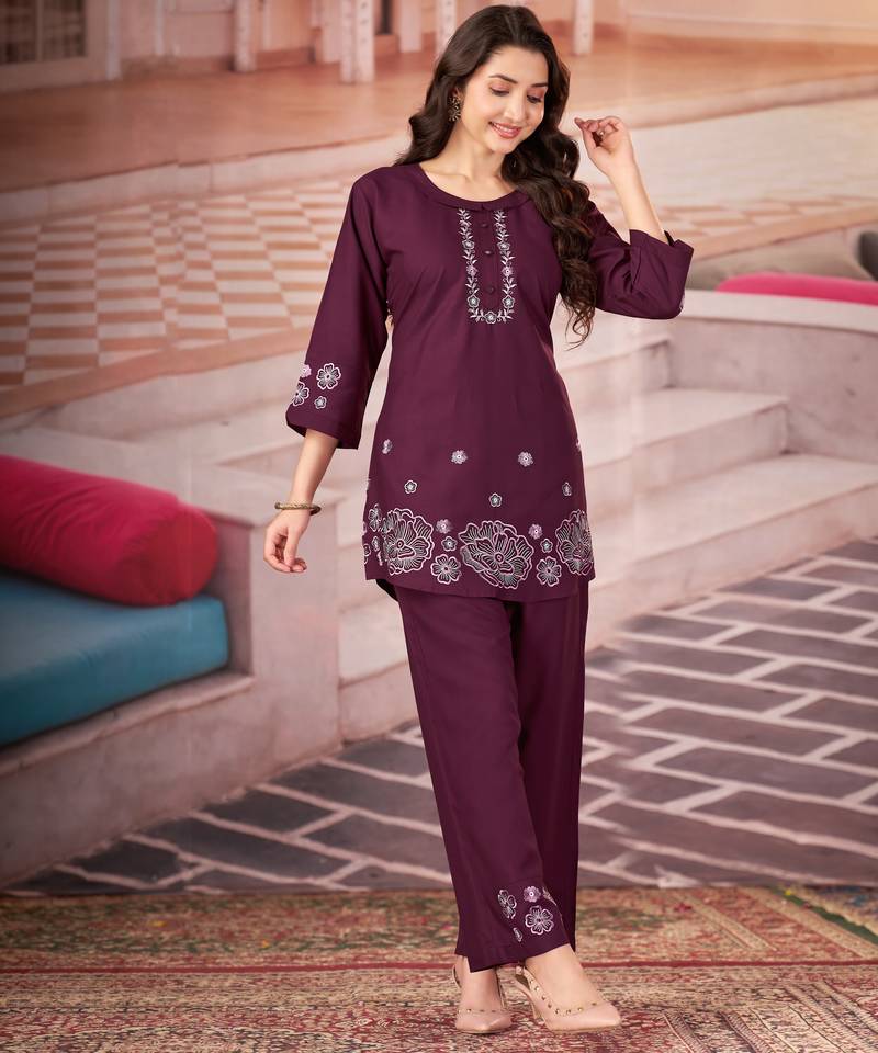 Wine floral embroidered rayon co-ord set for women