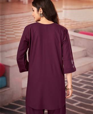 Wine floral embroidered rayon co-ord set for women 2