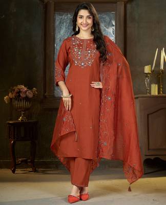 Orange floral embroidered silk kurti pent dupatta set for women 1