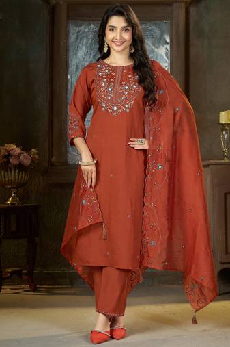 Orange floral embroidered silk kurti pent dupatta set for women