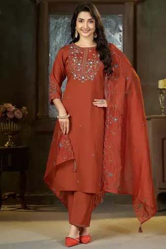 Orange floral embroidered silk kurti pent dupatta set for women