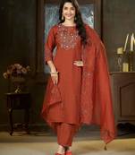 Orange floral embroidered silk kurti pent dupatta set for women