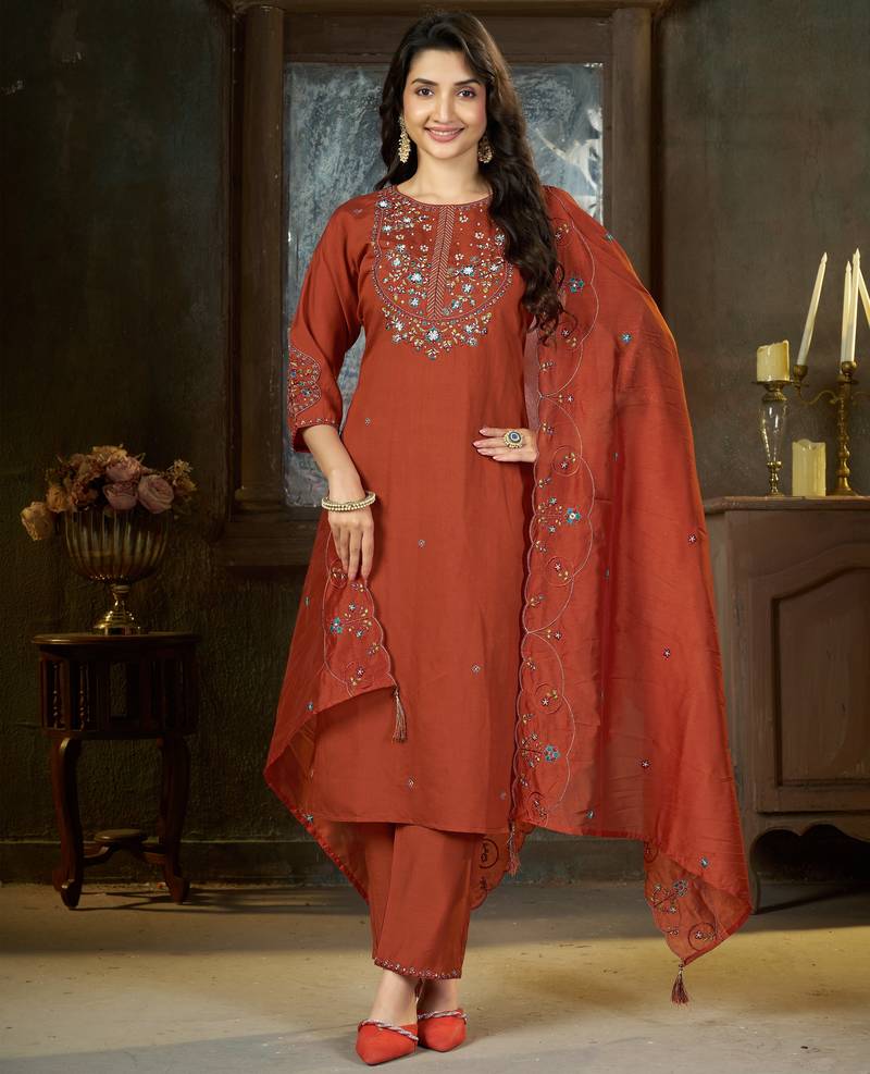 Orange floral embroidered silk kurti pent dupatta set for women