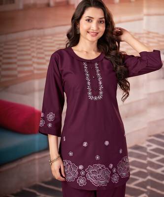 Wine floral embroidered rayon co-ord set for women 3