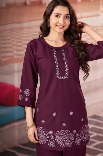 Wine floral embroidered rayon co-ord set for women
