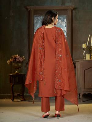 Orange floral embroidered silk kurti pent dupatta set for women 2