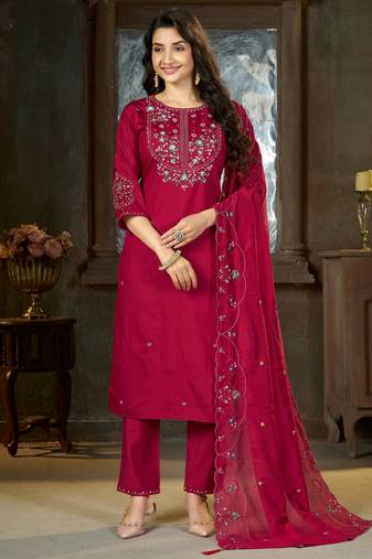 Pink floral embroidered silk kurti pent dupatta set for women