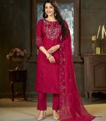 Pink floral embroidered silk kurti pent dupatta set for women