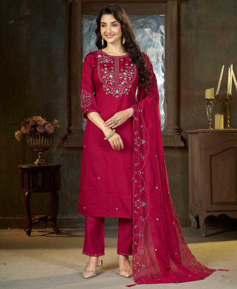 Pink floral embroidered silk kurti pent dupatta set for women