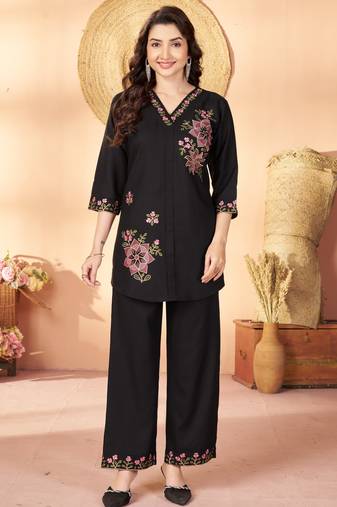 Black floral embroidered rayon co-ord set for women