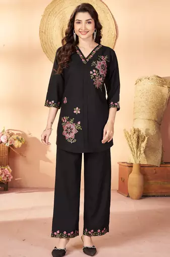 Black floral embroidered rayon co-ord set for women