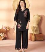 Black floral embroidered rayon co-ord set for women