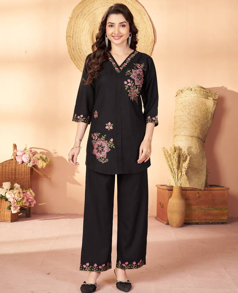 Black floral embroidered rayon co-ord set for women