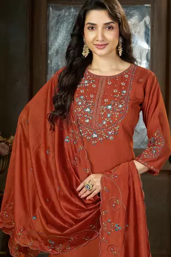 Orange floral embroidered silk kurti pent dupatta set for women