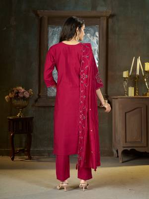 Pink floral embroidered silk kurti pent dupatta set for women 2